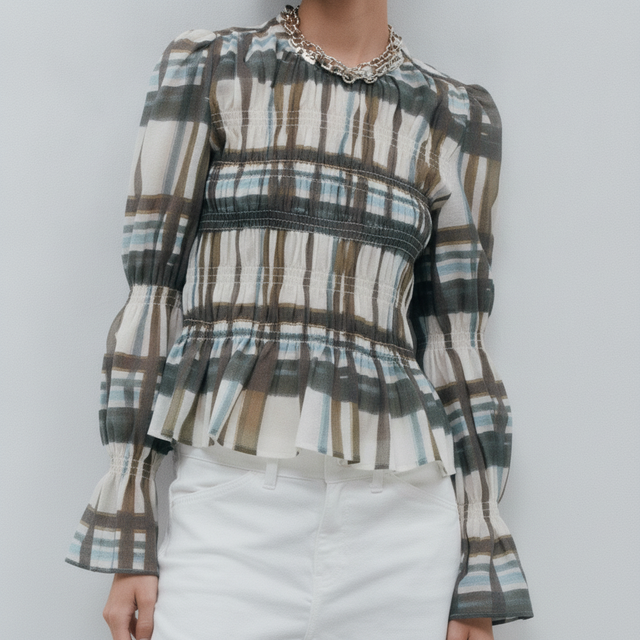 Khaki/Cream Check Sheer Smocked Long Sleeve Top - Size US 0