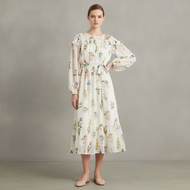 Printed Ruffle Long Sleeve Tie Belt Chiffon Midi Dress ZOE AND CLAIRE