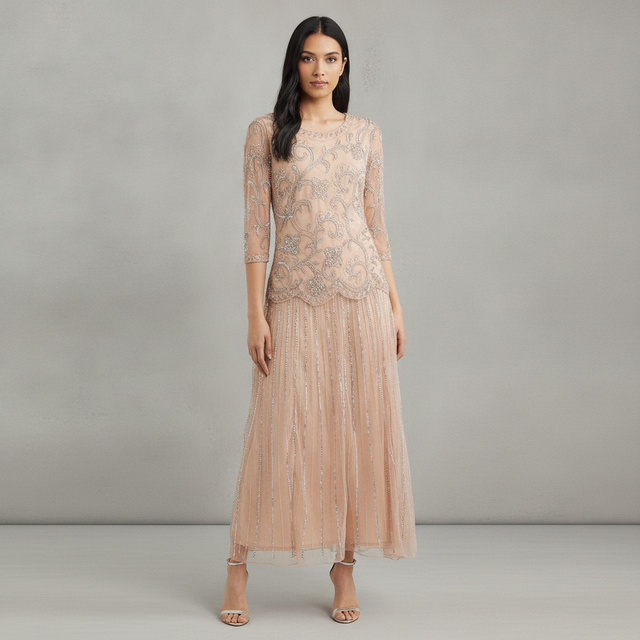 Beaded Chiffon Mock Two-Piece Dress