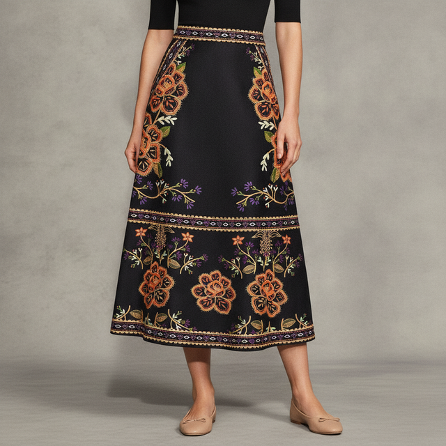 Women's Floral Border Print A-Line Midi Skirt