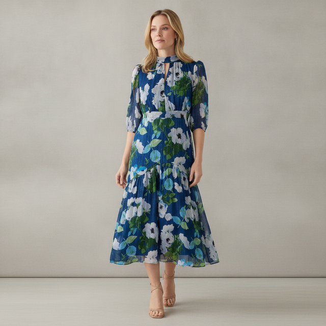 Maison Tara Women's Mock Neck Long Sleeve Chiffon Midi Dress
