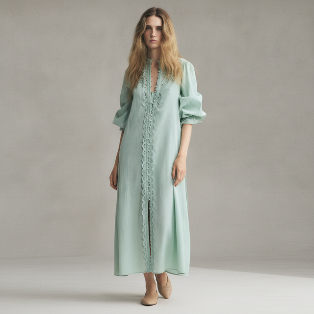 H&M Lace-Detail Cotton Dress - Light Turquoise