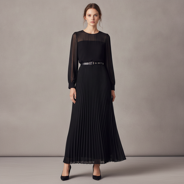Women's Long Sleeve Belted Chiffon Gown