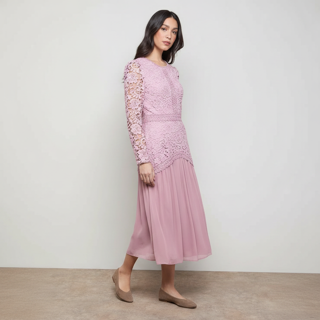 Lace Bodice Pleated Skirt Long Sleeve Midi Dress