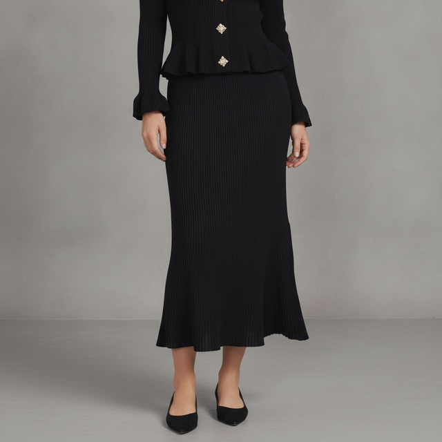 Two Ruffle Sleeve Long Midi Knit Skirt