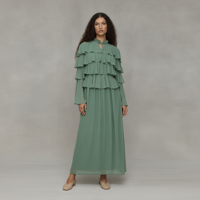 Women's Modest Ruffle Chiffon Dress Maxi With Designer Sleeve
