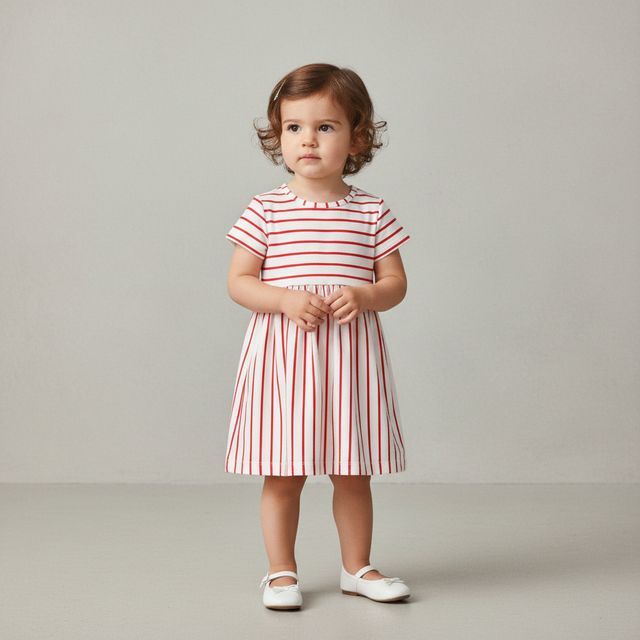 Baby Girl Striped Short-Sleeve Dress - Red/Ivory