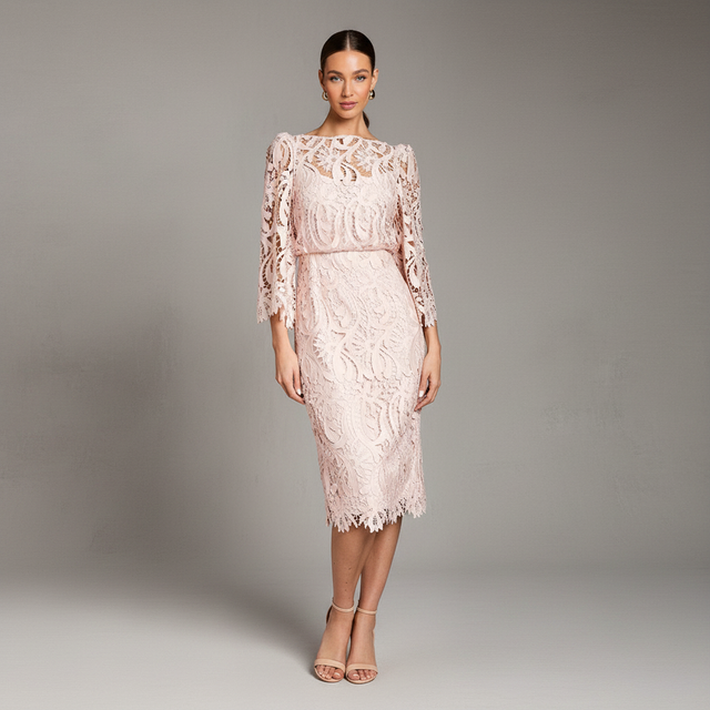 Satin Lace Boat Neck Midi Dress With Fluted Sleeve
