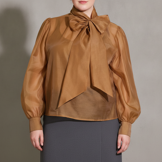 FLYING TOMATO Bow Neck Organza Top - Plus - Camel