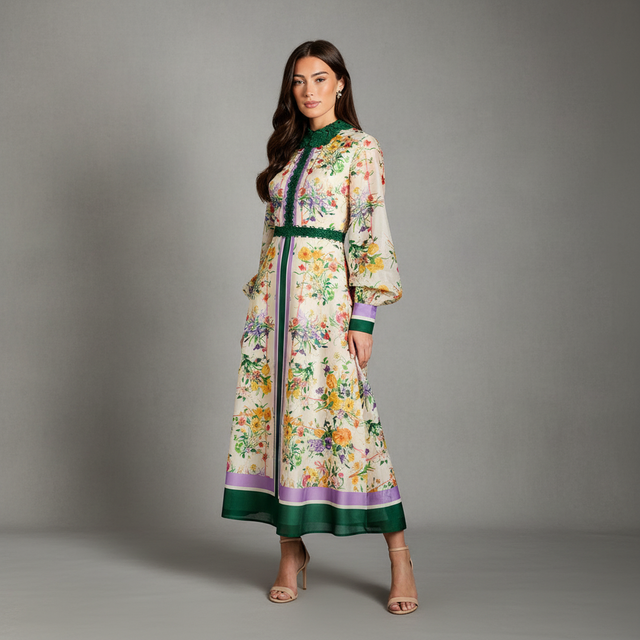 Lace Collar Placement Print Organza Shirt Dress
