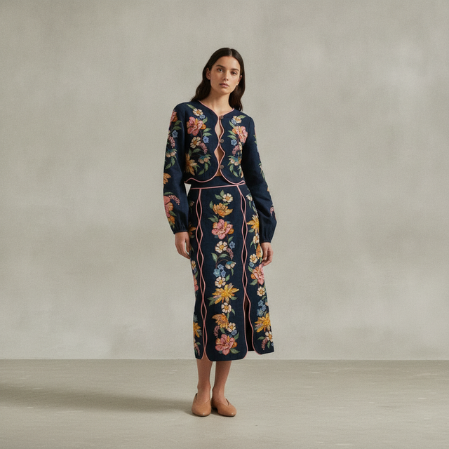 Dark Blue Maira Floral Midi Skirt