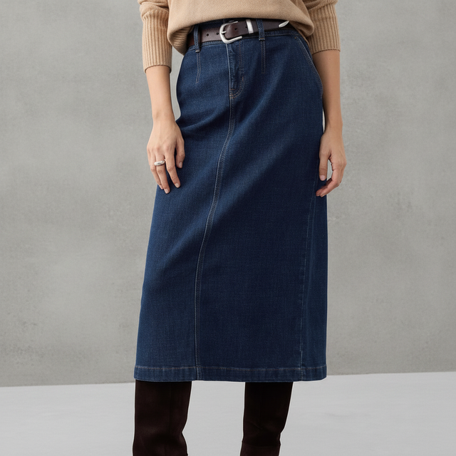 Denim Pleated Maxi Skirt