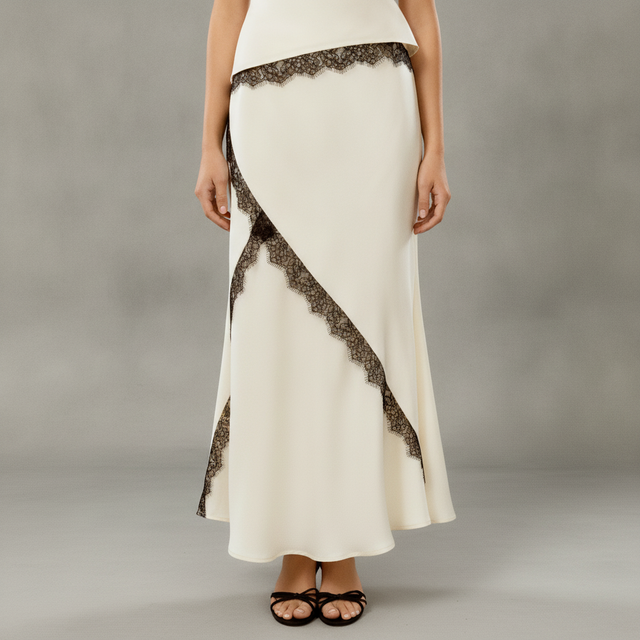 Satin Mid Rise Lace Mermaid Maxi Skirt