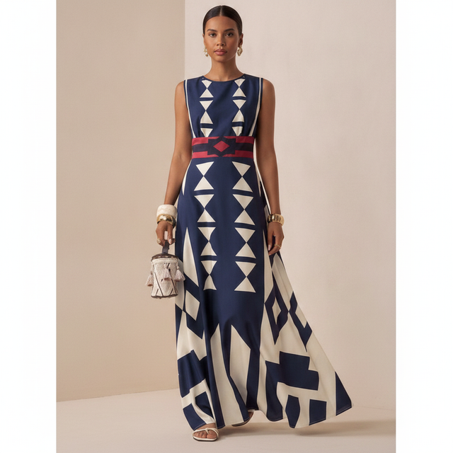 Multicolor Geometric Print Sleeveless Maxi Dress For Summer