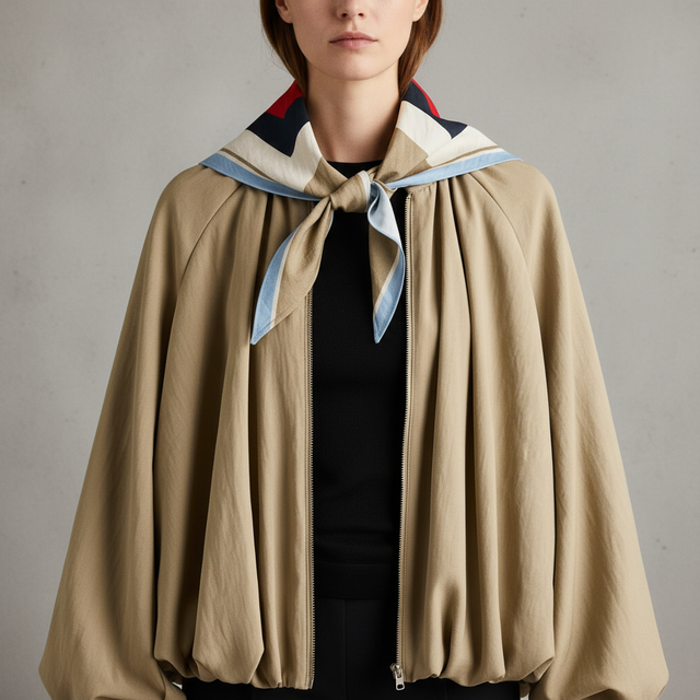 Women's Beige Bubble-Hem Jacket with Scarf
