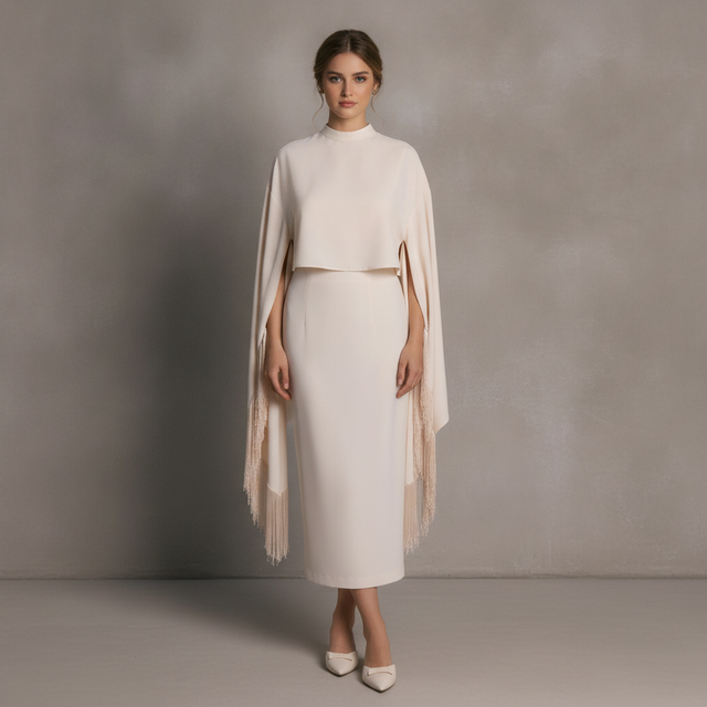 High Neck Bell Sleeve Fringed cape overlay & Midi Dress Set