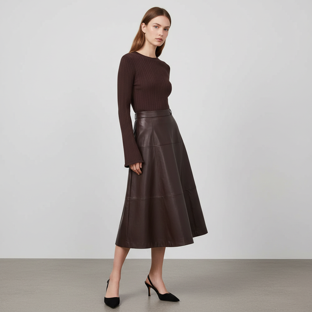 Faux Leather Paneled Belted Midi Skirt