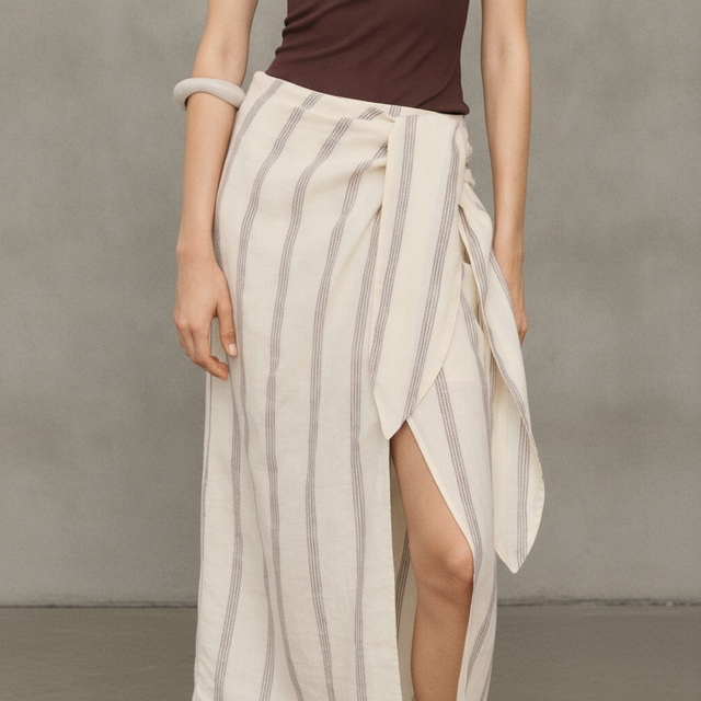 Women's Light beige/striped Linen wrap skirt