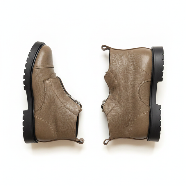 Blublonc Chunky Taupe Leather Front Zip-Up Boot