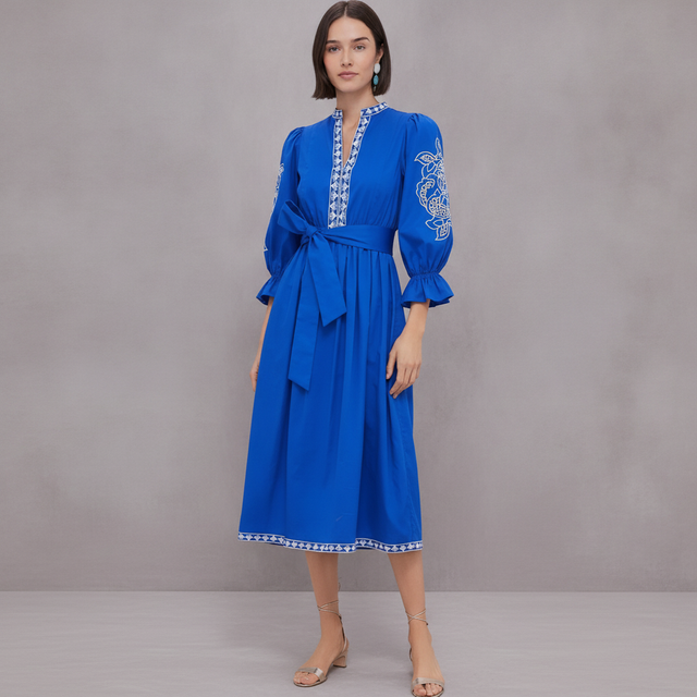 Royal Blue with Baby Blue Embroidery Dowling Midi Dress