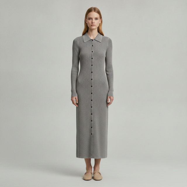 Rib-Knit Midi Dress - Grey