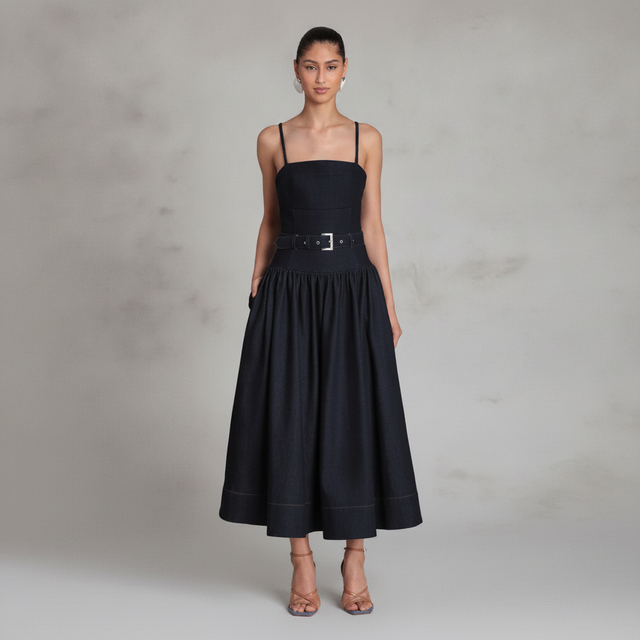 Women's Belted Drop Waist Stretch Denim Midi Dress