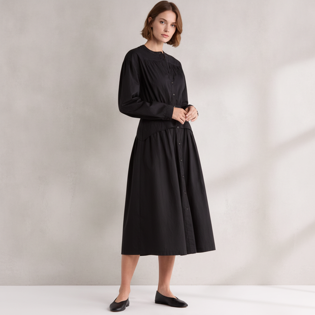 Long Sleeve Button Front Cotton Dress
