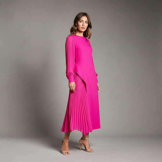 Long Sleeve Pleated Crepe Midaxi Dress