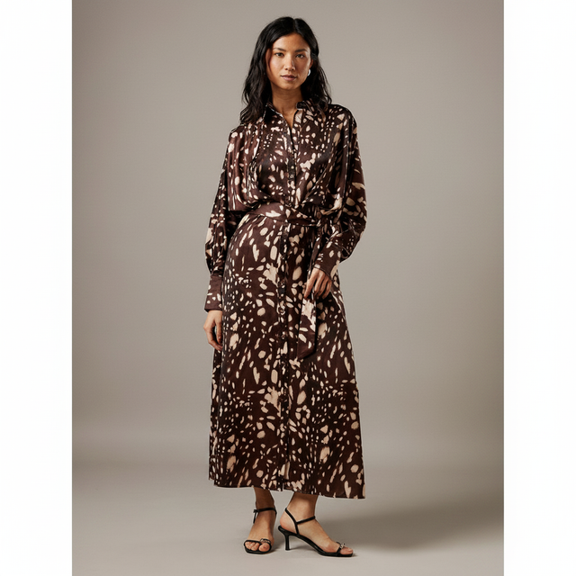Print Satin Batwing Split Side Midi Shirt Dress