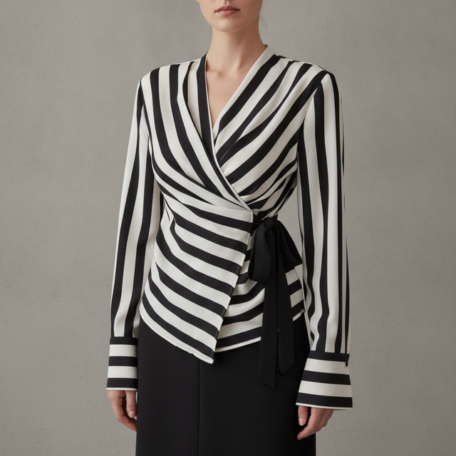 Soly Striped Sleeve Long Wrap Blouse