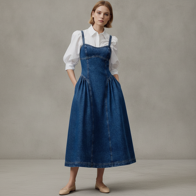 Women's Denim blue Flared-Skirt Denim Dress