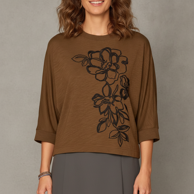 DemocracyPetite Scoop Neck Embroidered Knit Top