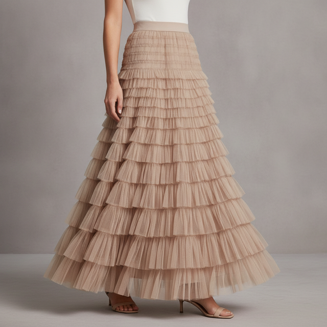 Mincib Ruffle Long A-Line Maxi Tulle Skirt