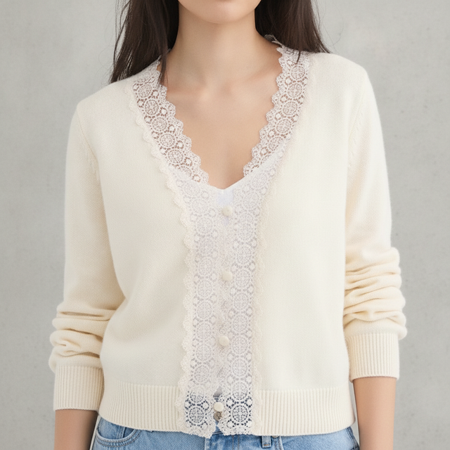 Lace Trim V-Neck Cardigan