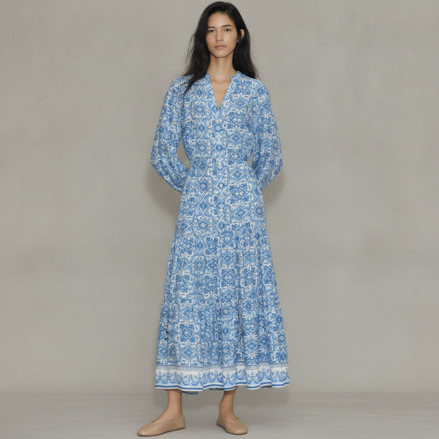 Women's Cream/patterned Printed Tiered Dress