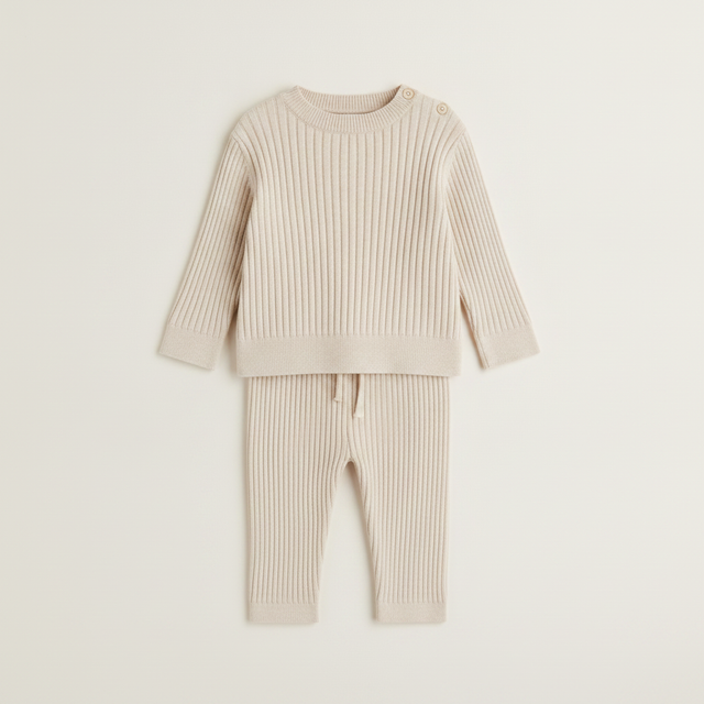 Kids 2-Piece Wide-Rib Cotton Set - Light Beige