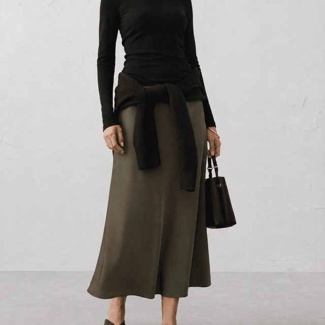 Sheen Twill Pull-On Midi Skirt