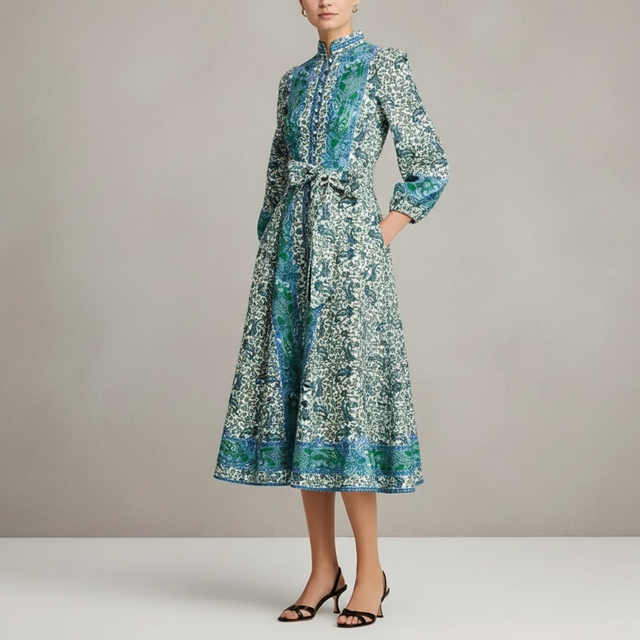 Nancy Yang Mandarin Collar Midi Dress