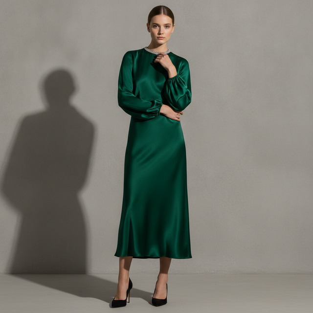 Petite Crystal Embellished High Neck Satin Dress