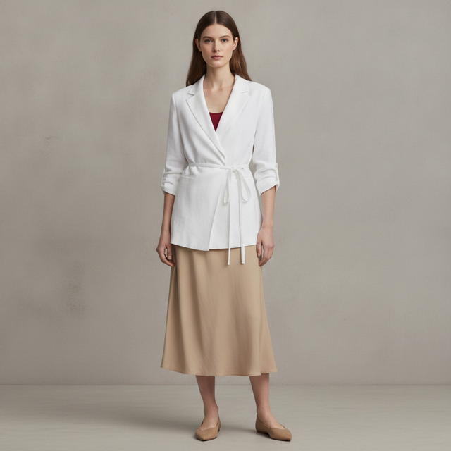 Linen Blend Tie Waist Modern Blazer