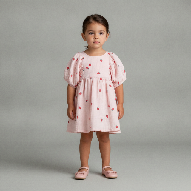 Light pink/strawberries Cotton muslin dress for kids