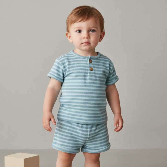 Baby Boys' 2pc Striped Henley T-Shirt and Shorts Set - Cloud Island™ Light Blue 18M