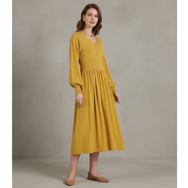 Inspire Yellow Sleeve Long Ribbed Knit Dress - pictured with Yellow Abardsion Long Sleeve Fitted Shell