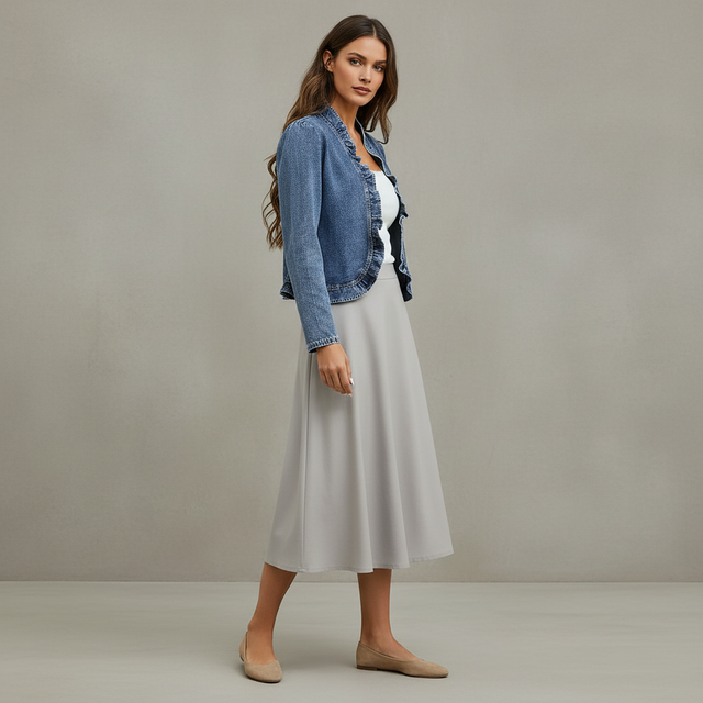 Walmart Oksale Denim Ruffled Sleeve Long Vintage Jacket