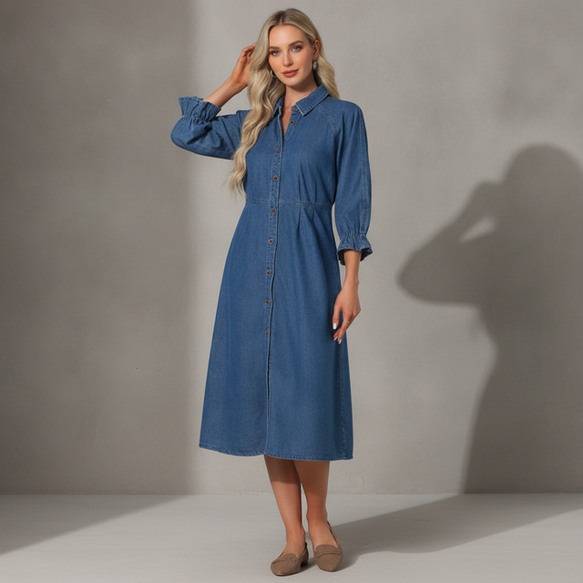 Inspire Denim Ruffle Sleeve Long Midi Dress