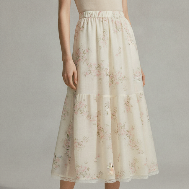 Women's Light yellow/floral Lace-Trimmed Lyocell-Blend Skirt
