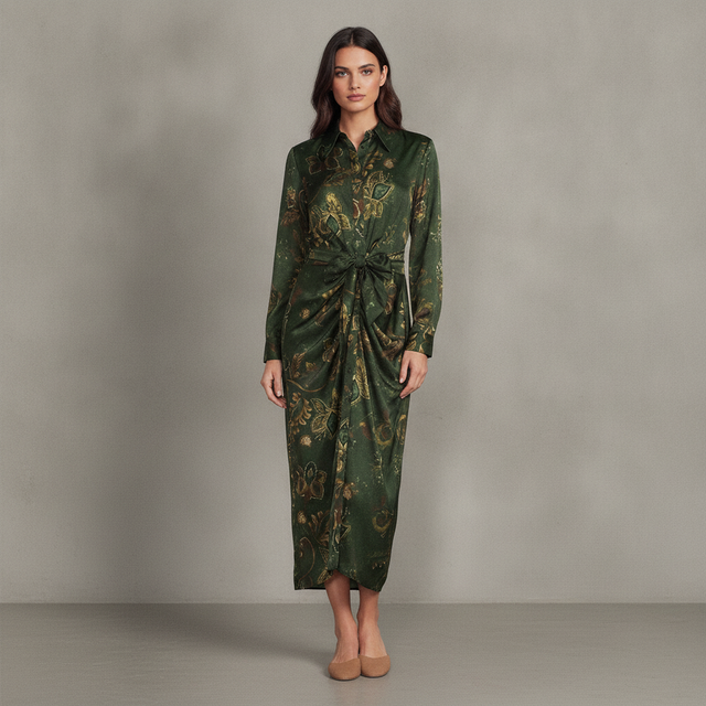Alex Marie Adriana Printed Satin Collared Long Sleeve Tie Waist Dress