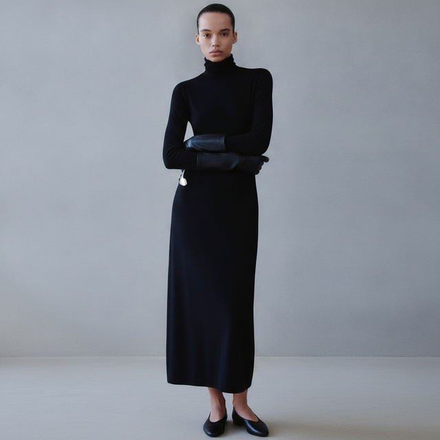 Turtleneck knitted dress with brooch