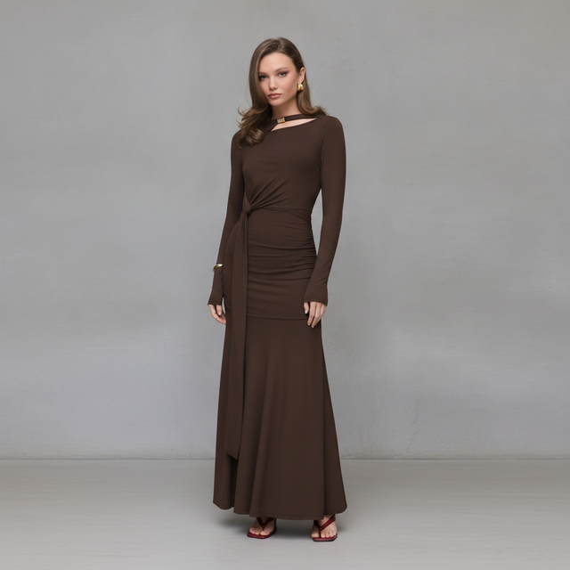 Ruched Twist Metal Detail Draped Maxi Dress