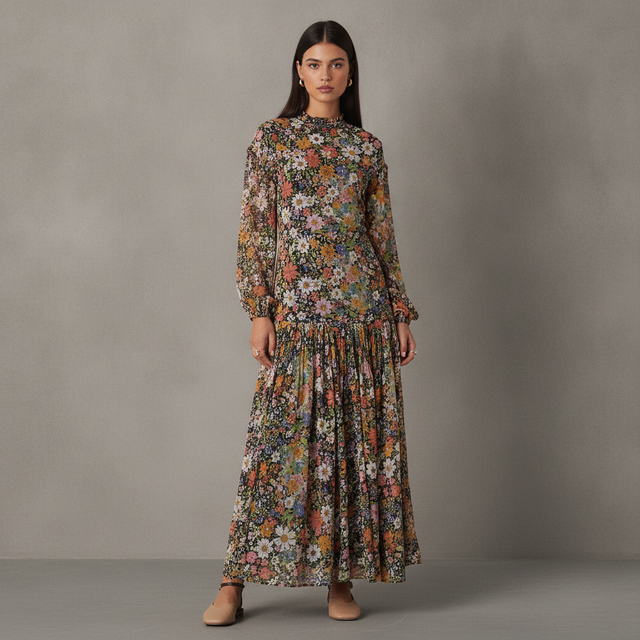 slash neck chiffon godet maxi dress in black based floral